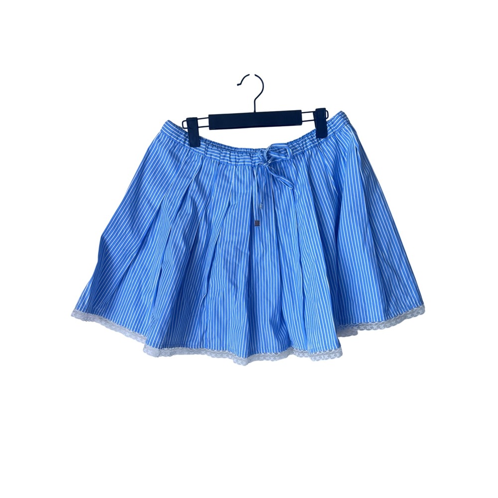 J.Crew Blue White Striped Pleated Mini Skirt Lace Trim Size M Cotton Drawstring